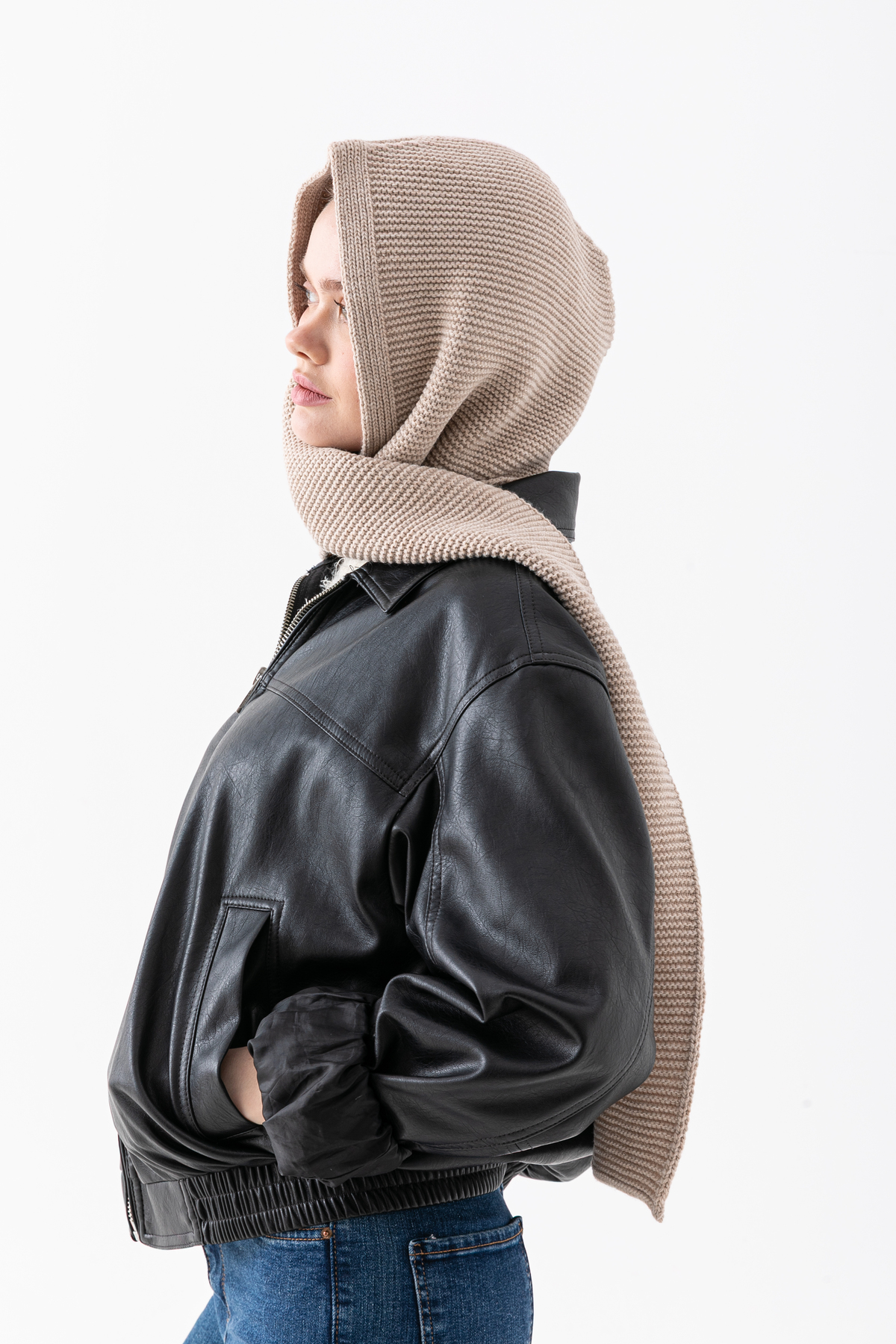 Wega Moda Kapüşonlu Kalın Atkılı Balaclava Kadın, Triko Kapşon Şal | Yumuşak Dokulu Kışlık Aksesuar - Taş görsel 7