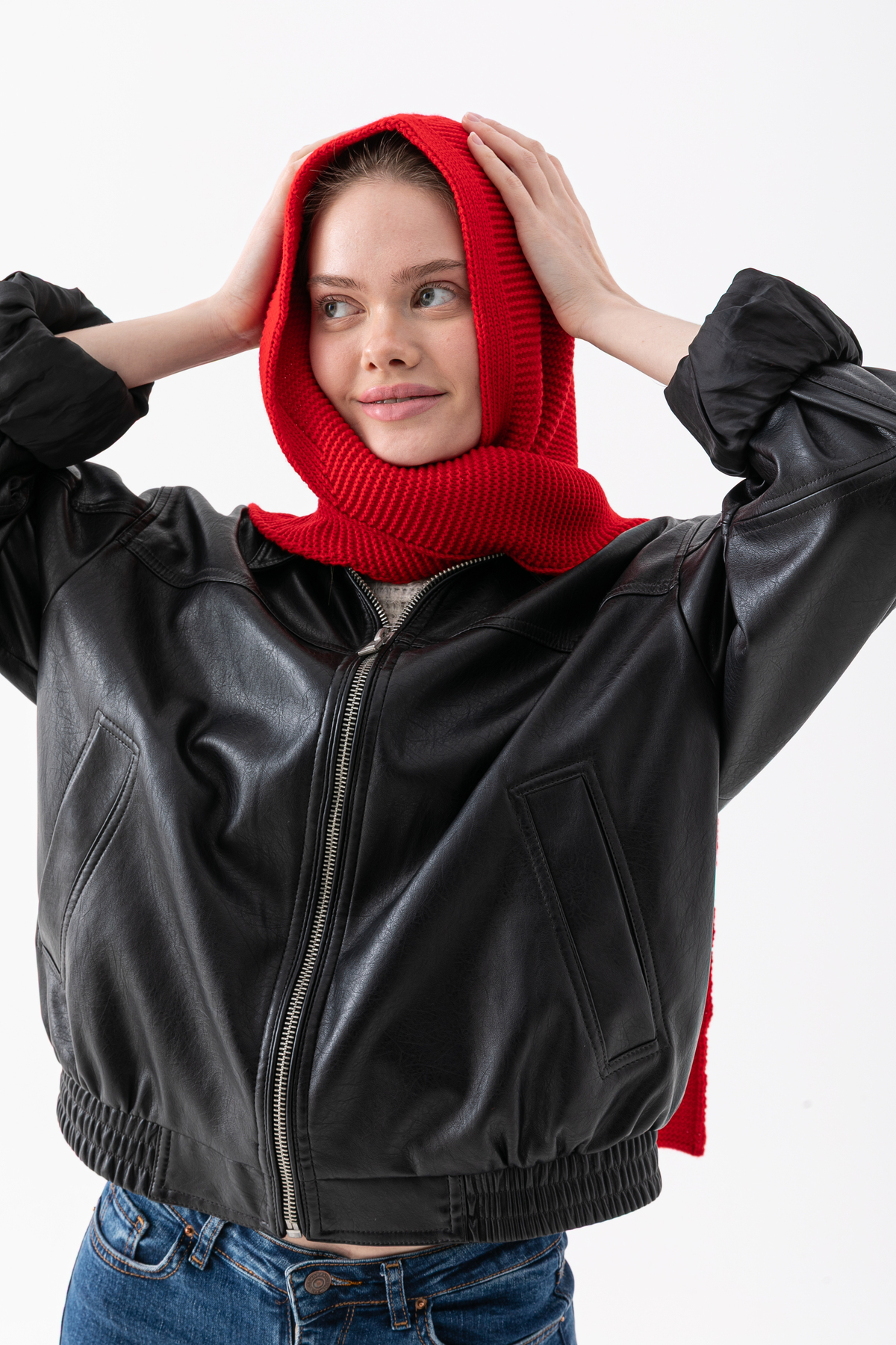 Wega Moda Kapüşonlu Kalın Atkılı Balaclava Kadın, Triko Kapşon Şal | Yumuşak Dokulu Kışlık Aksesuar - Kırmızı görsel 2