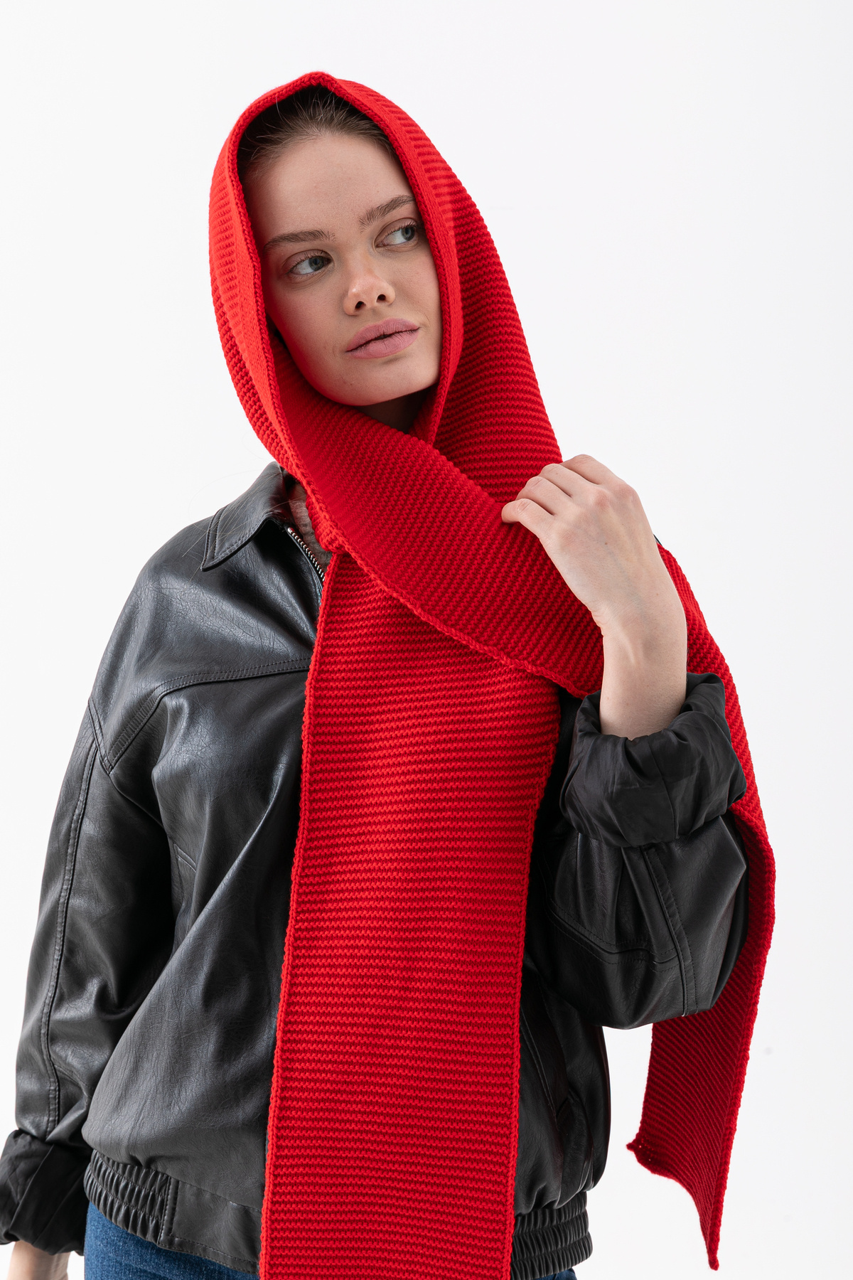 Wega Moda Kapüşonlu Kalın Atkılı Balaclava Kadın, Triko Kapşon Şal | Yumuşak Dokulu Kışlık Aksesuar - Kırmızı görsel 6