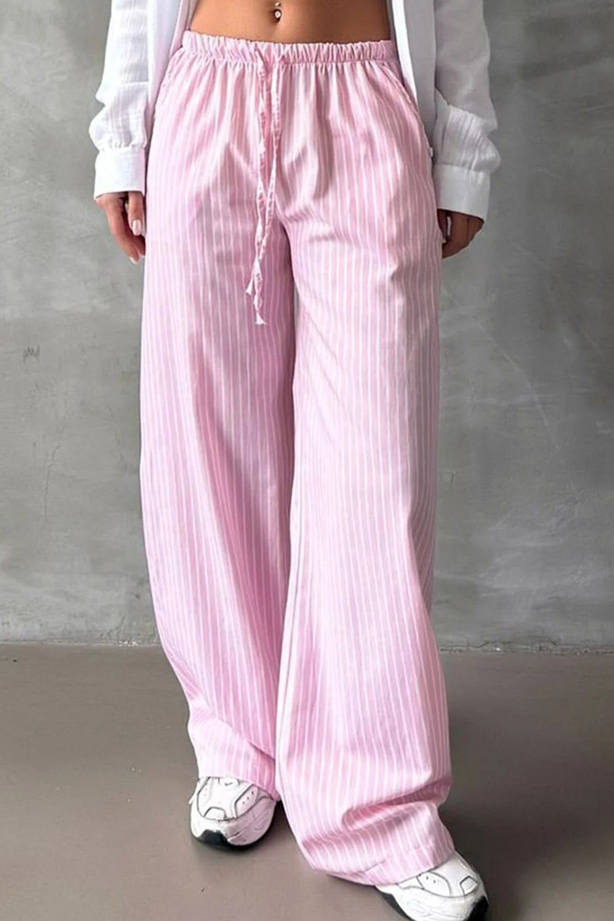 İlayda Toprak  Lisbon Çizgili Bol Paça Pembe Eşofman Altı - Görsel 3