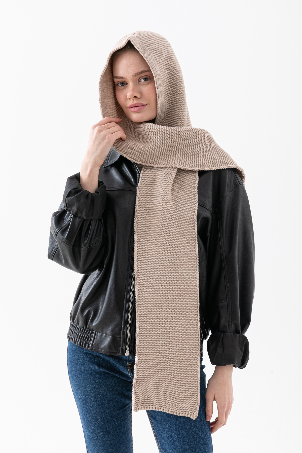 Wega Moda Kapüşonlu Kalın Atkılı Balaclava Kadın, Triko Kapşon Şal | Yumuşak Dokulu Kışlık Aksesuar - Taş görsel 6
