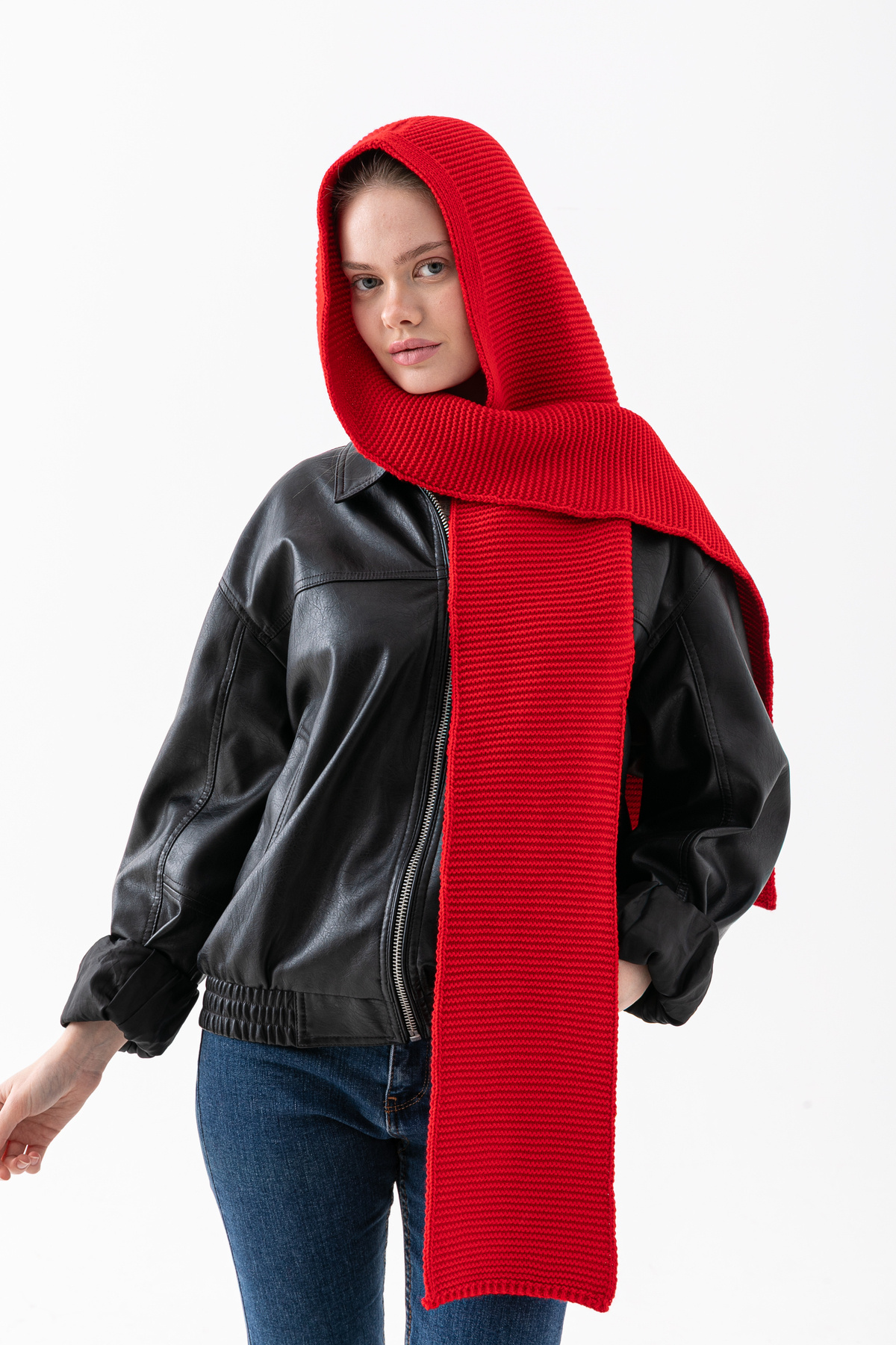 Wega Moda Kapüşonlu Kalın Atkılı Balaclava Kadın, Triko Kapşon Şal | Yumuşak Dokulu Kışlık Aksesuar - Kırmızı