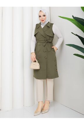 NURSİDA Kadın Kuşaklı Düğmeli Kolsuz Trenç Yelek