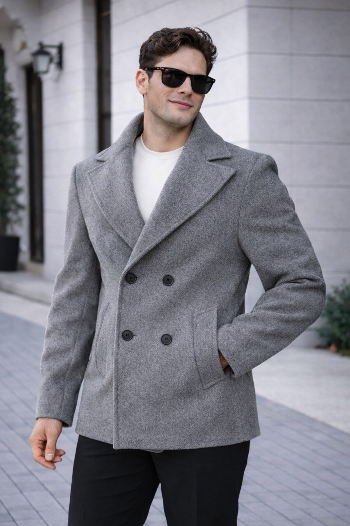 BASEL.CO Erkek Casual Kruvaze Midi Boy Kaşe Kaban - Modern Kesim