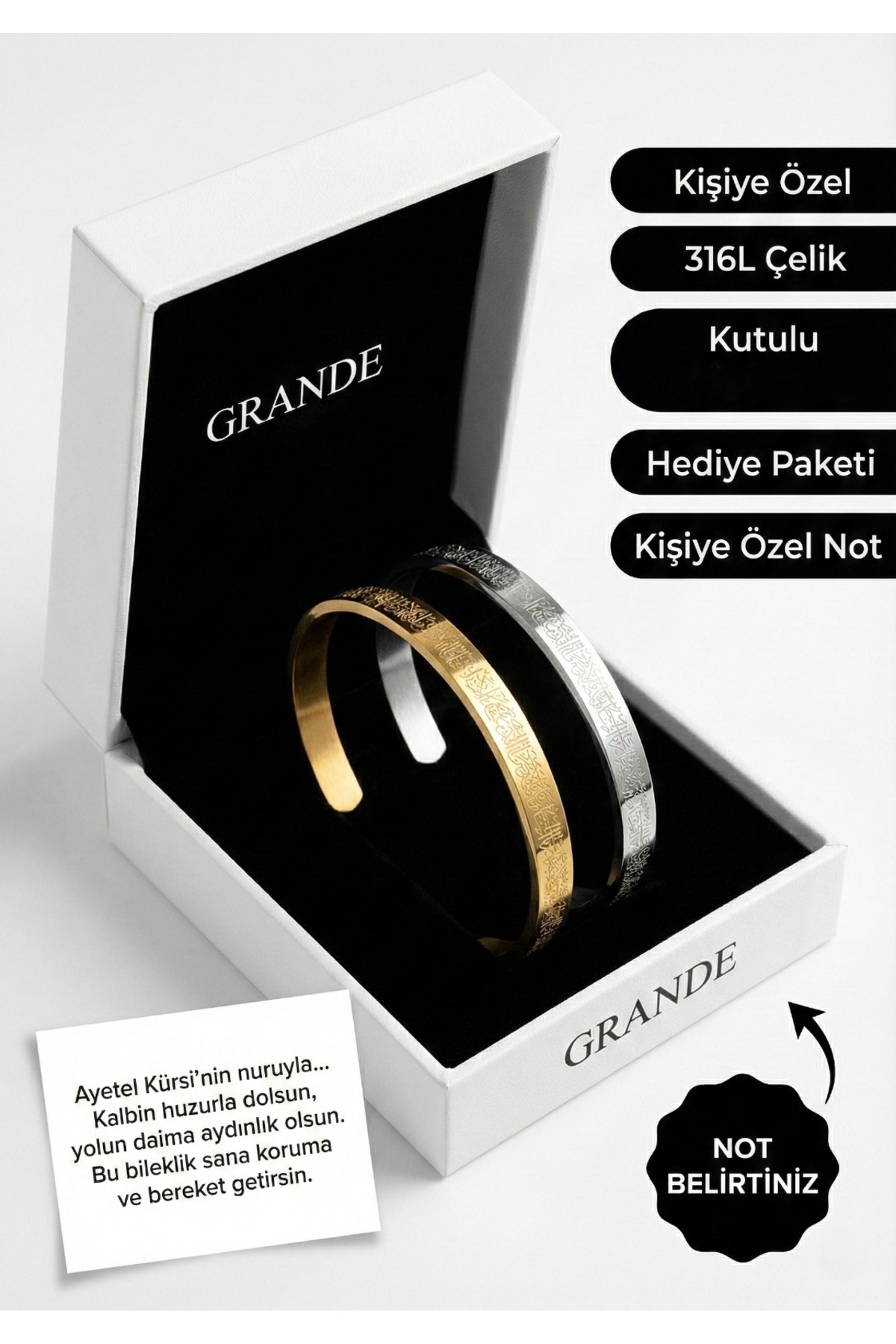 GrandeAccessory Anneler gününe özel Ayetel Kürsi Yazılı Kişiye Özel Bileklik – 316L Çelik – Erkek Kadın