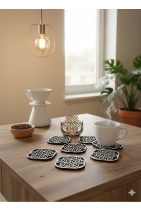 Darga Wood Shop Dekoratif Kahve Köşesi 6’lı Standlı Ahşap Kahve Bardak Altlığ...