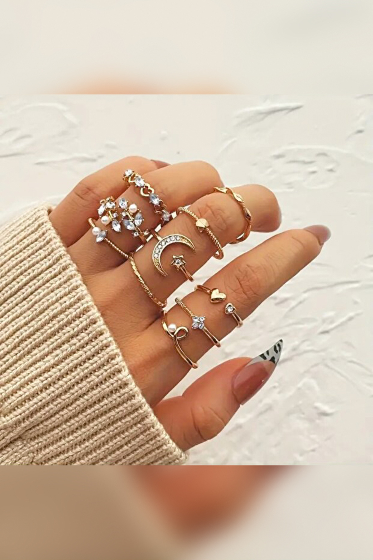 The Collection  9'lu Taşlı Kombin Ay yıldız kelebek ok kalp Tasarım Yüzük Set - Görsel 3