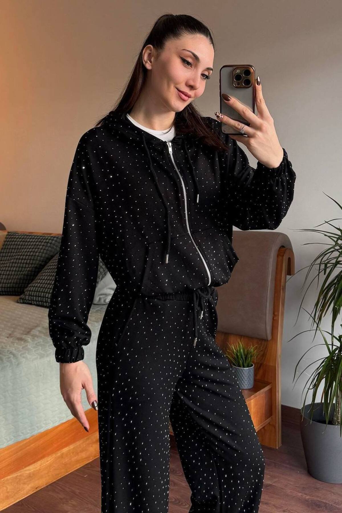 PERA AKSESUAR  Kadın siyah taşlı fermuarlı sweatshirt - Görsel 4