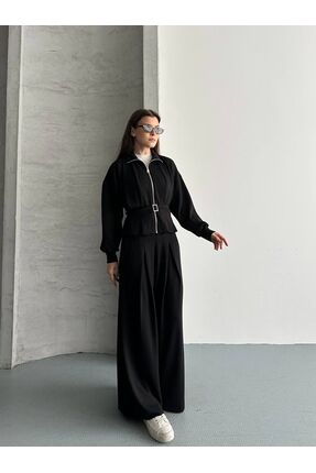 Solena Kadın Beli Kemerli Pileli Siyah Alt Üst Modal Takım