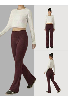 lessisor.co Kahverengi İspanyol Paça Yüksek Bel Penye Tayt Pantolon