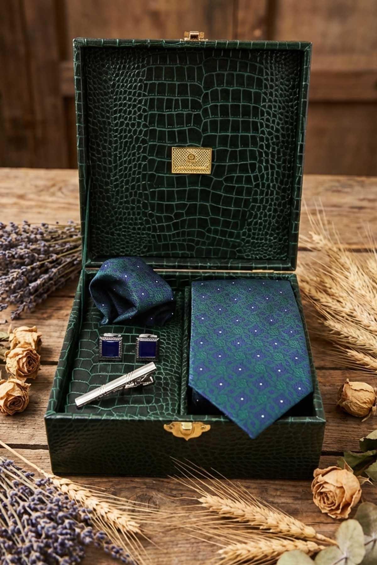  جعبه هدیه مردانه سبز - کراوات، دکمه سرآستین، سنجاق کراوات KMK138