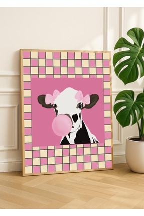 Simizm Sanatsal Damalı Sakızlı İnek Poster Çerçevesiz