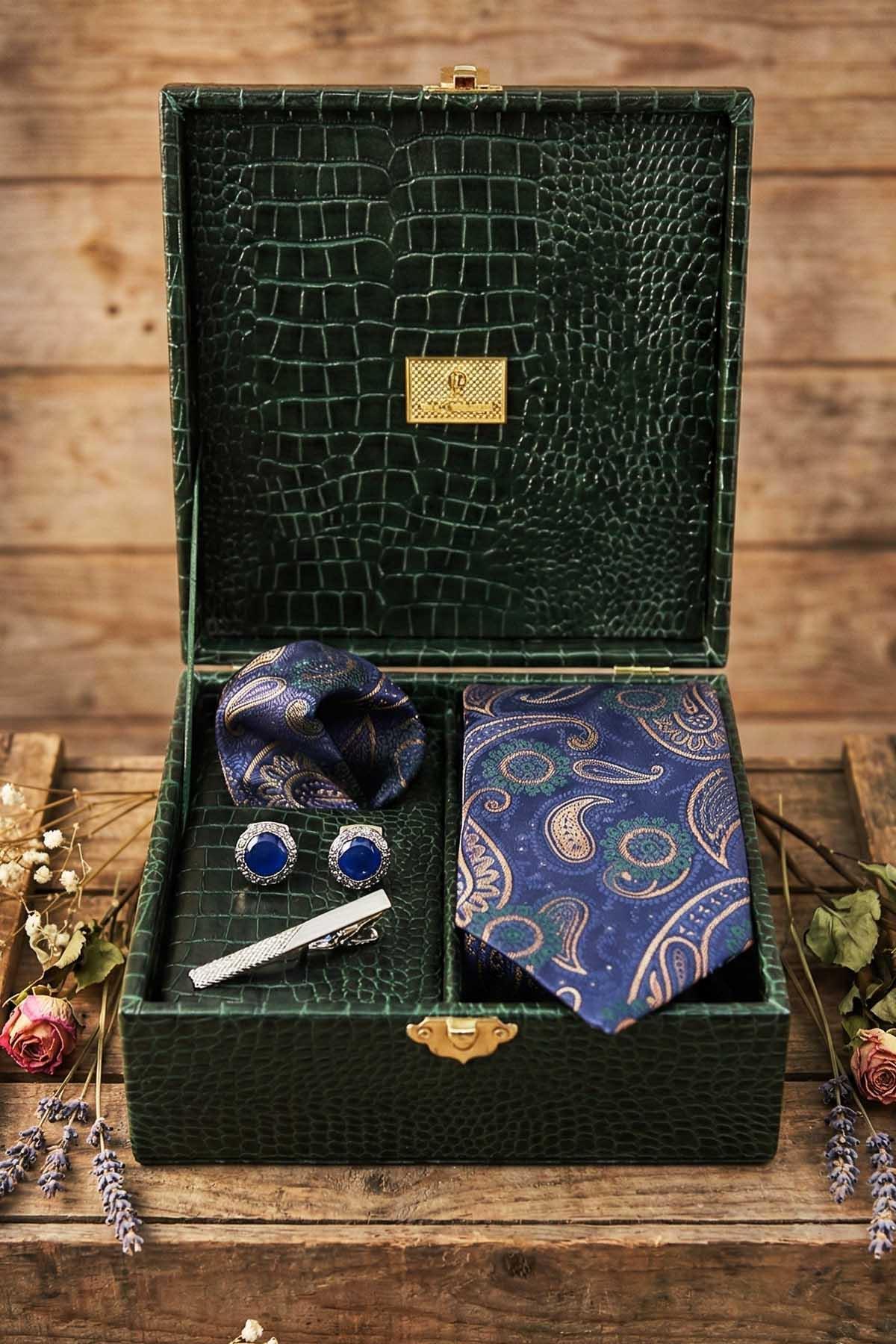  جعبه هدیه مردانه سبز - کراوات، دکمه سرآستین، سنجاق کراوات KMK145