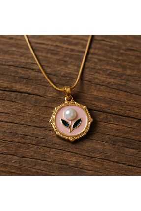 Glimz Jewelry Pembe Mineli Çiçekli Çelik Kolye