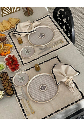 NDC HOME Organik Ham Keten Siyah Şeritli 6lı Ahşap Toka Hediyeli Peçete Takımı