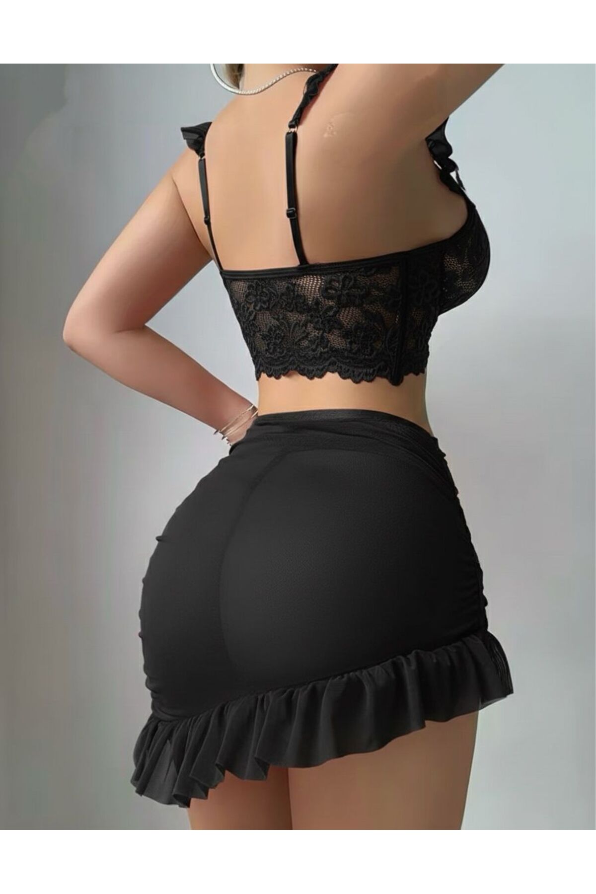 NUBARRON  Kadın Siyah Fırfırlı Dantel Detaylı 3 Parça Tanga Hediyeli Gecelik Takımı - Görsel 3