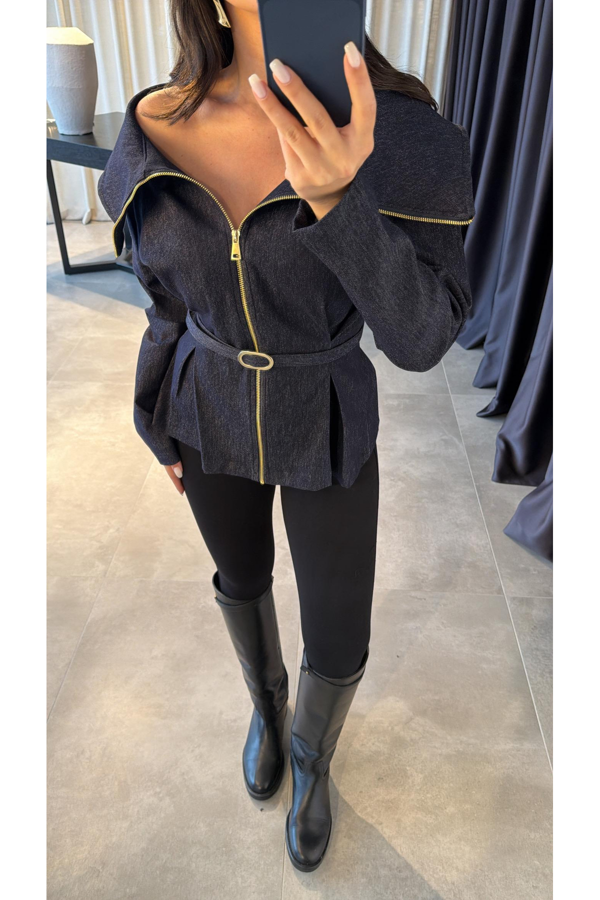 HARMONY GLOBAL  Kadın Denim Kemerli Fermuarlı Tasarım Kot Gömlek 7729 - Görsel 4