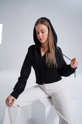 DIVINE TASARIM Silhouette Tasarım Siyah Kapşonlu Fermuarlı Kadın Ceket