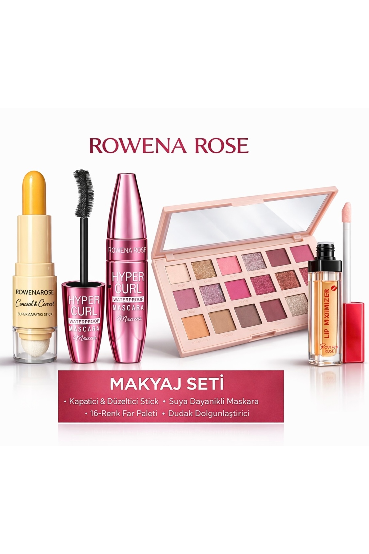 ROWENAROSE 4lü Makyaj Seti Stick Kapatıcı Maskara Dudak Dolgunlaştırcı Ve Büyük Boy Far Paleti Seti - Fiyatı, Yorumları