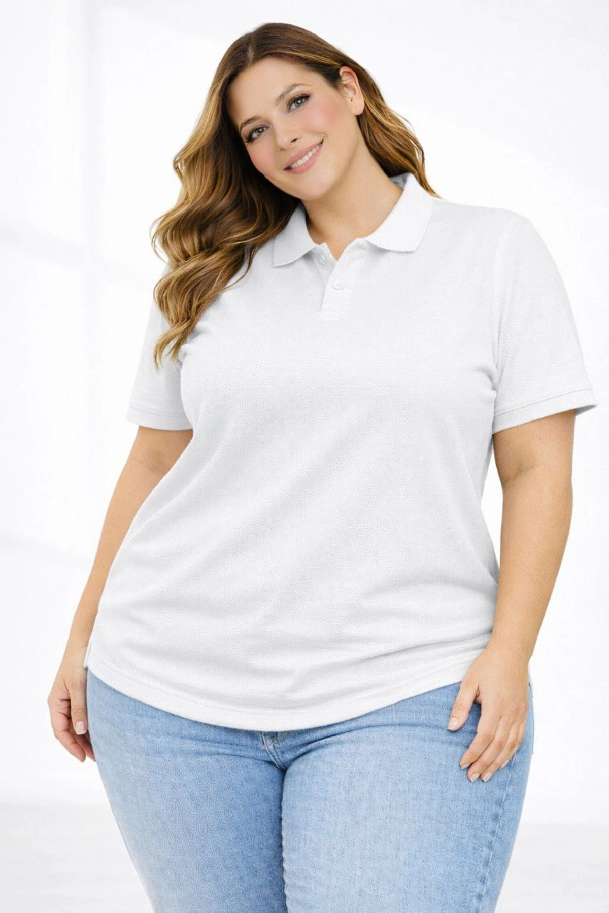 Genel Markalar Kadın Battal Beden Tişört Polo Yaka Pike Kumaş Kısa Kol T-Shirt - Beyaz
