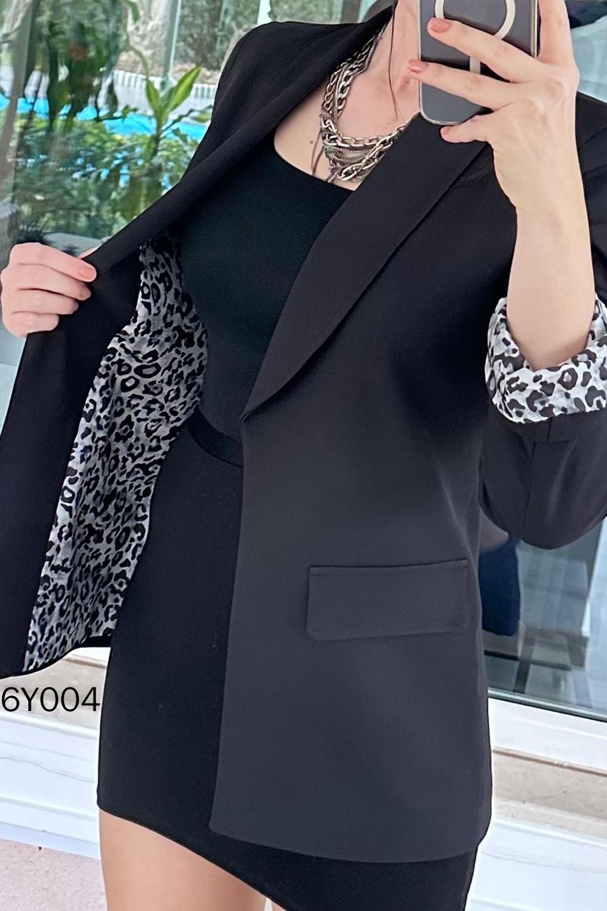 İnce Topuk  Leopar Garnili Ceket 6y004 - Görsel 6