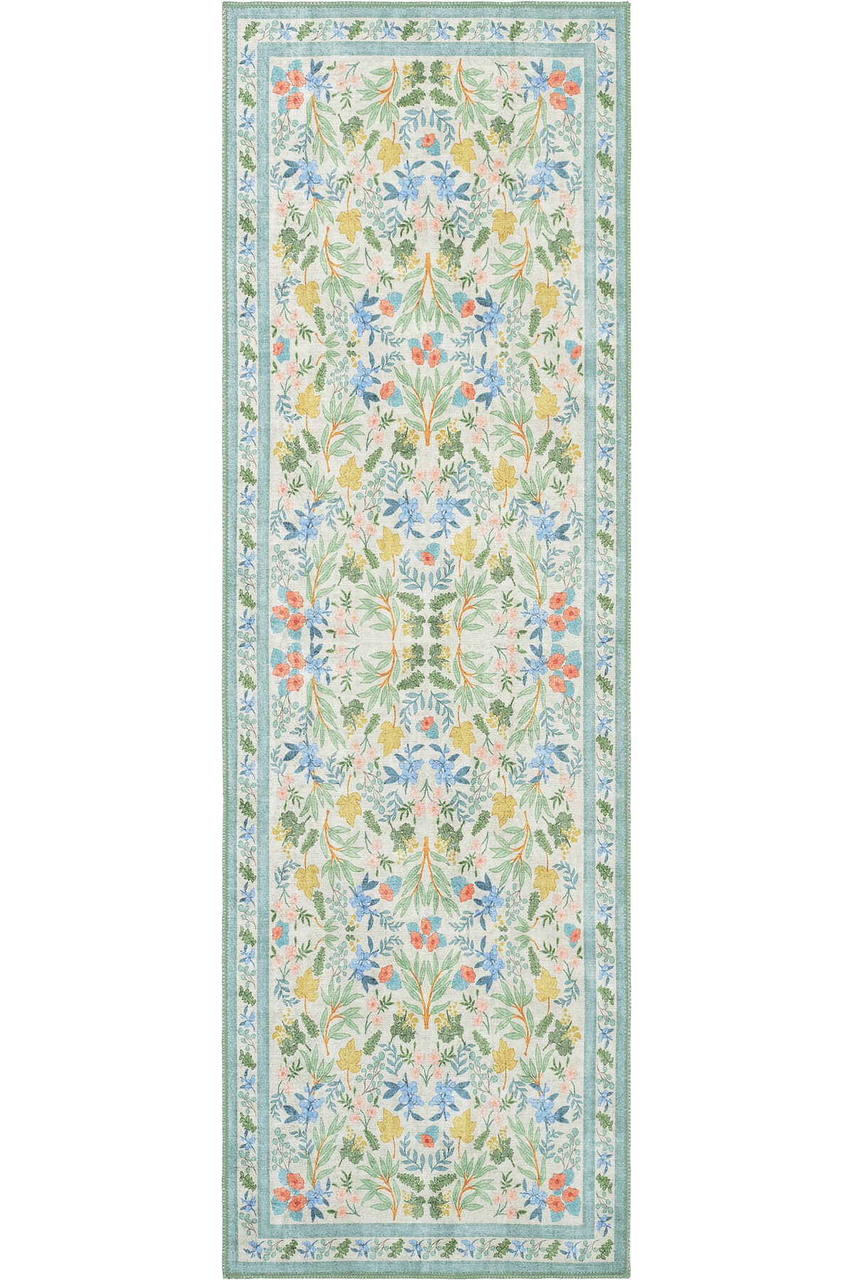 Florence Cream Green Multicolor Border Floral Authentic Bohemian Chenille Printed Slim Entry Carpet Runner