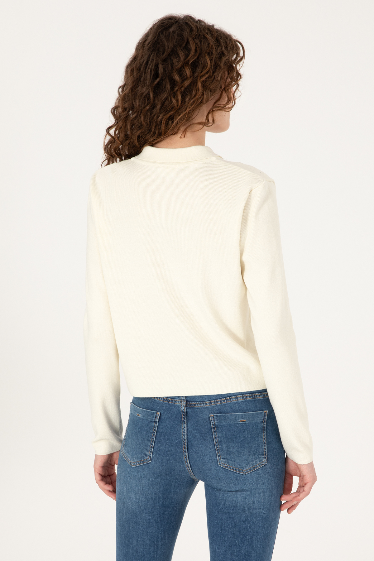 U.S. Polo Assn.  Kadın Krem Fermuarlı Polo Yaka Triko Hırka 50317375-VR256 - Görsel 5