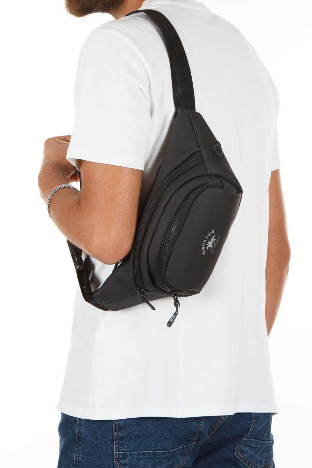 NEWISH POLO ACCESSORIES Unisex Su Geçirmez Kulaklık Usb Çıkışlı Unisex Siyah Çapraz Askılı Bel Omuz Ve Spor Çanta görsel 2