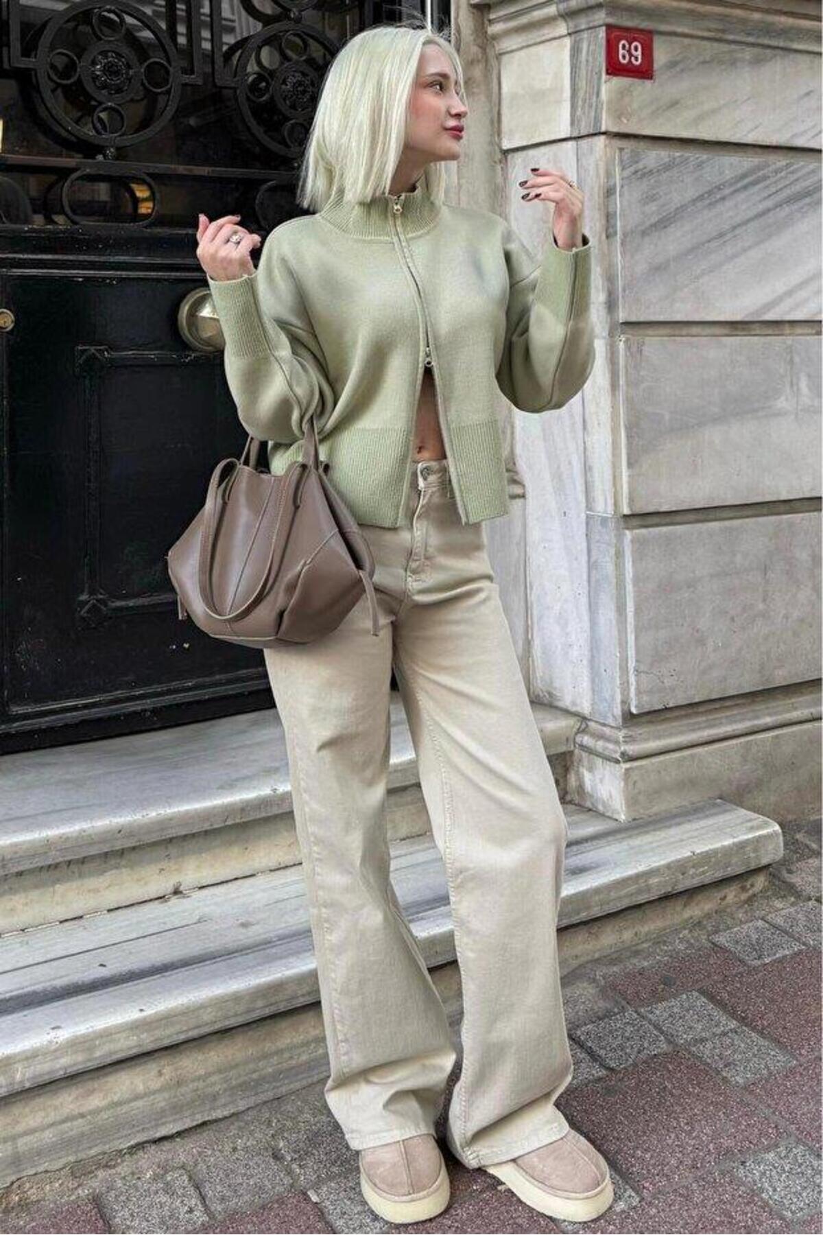 Seeh  Mint Yeşili Çift Fermuarlı Dik Yaka Kadın Triko Hırka SH348 - Görsel 4