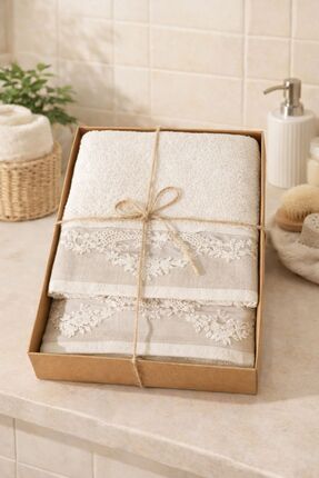 LİNDENİ HOME BANYO HAVLUSU 2 Lİ SET %100 PAMUK NATUREL NAKIŞLI VE DANTELLİ 50...