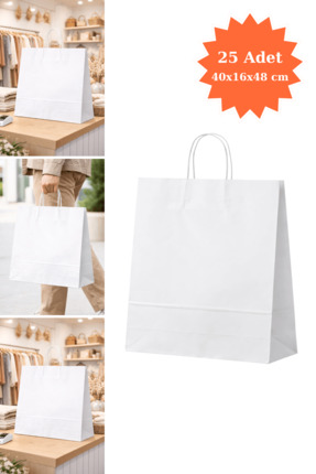 Plas+Plus Burgu Saplı Kraft Çanta Beyaz Kağıt Poşet Butik Mağaza Hediye Tatlı...