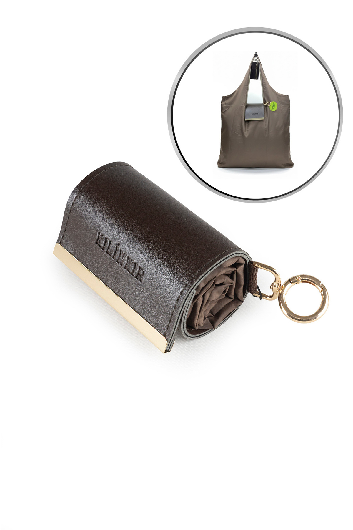 Satin Fabric Folding Roll Snap Capsule Shopping Grocery Beach Pocket Hand / Sleeve Bag Brown K004