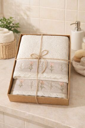LİNDENİ HOME BANYO HAVLUSU 2 Lİ SET %100 PAMUK NATUREL NAKIŞLI VE DANTELLİ 50...