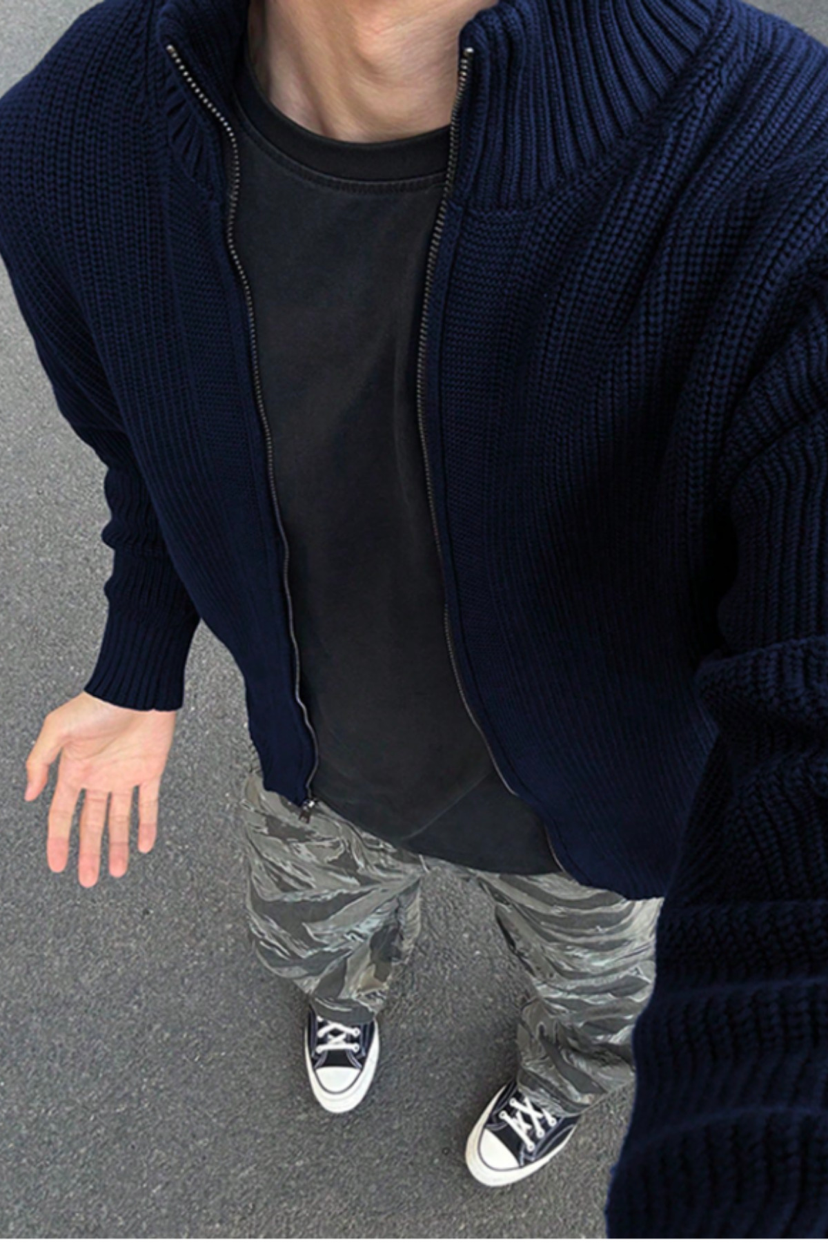 Tarz Cool  Erkek Lacivert Dik Yaka Fermuarlı Slim Fit Triko Hırka