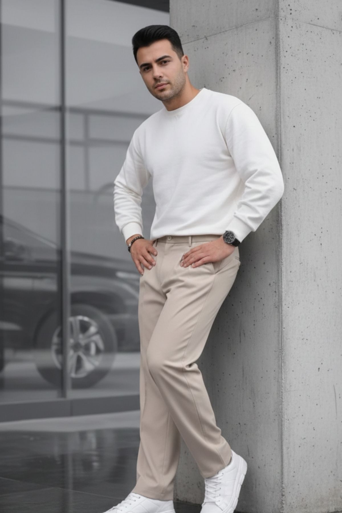 COMBİNE MİCHAİL Erkek Çift Pileli Salaş Krem Baggy Pantolon görsel 3