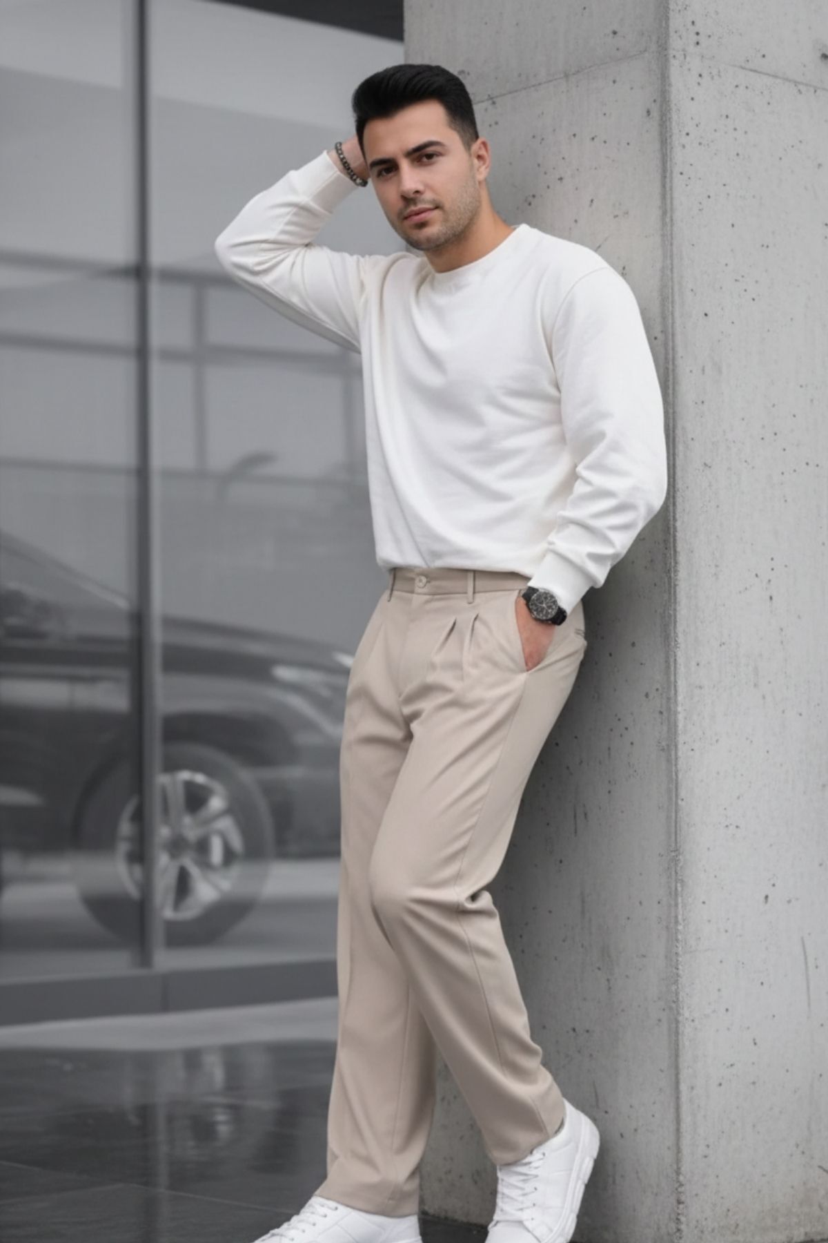 COMBİNE MİCHAİL Erkek Çift Pileli Salaş Krem Baggy Pantolon görsel 2