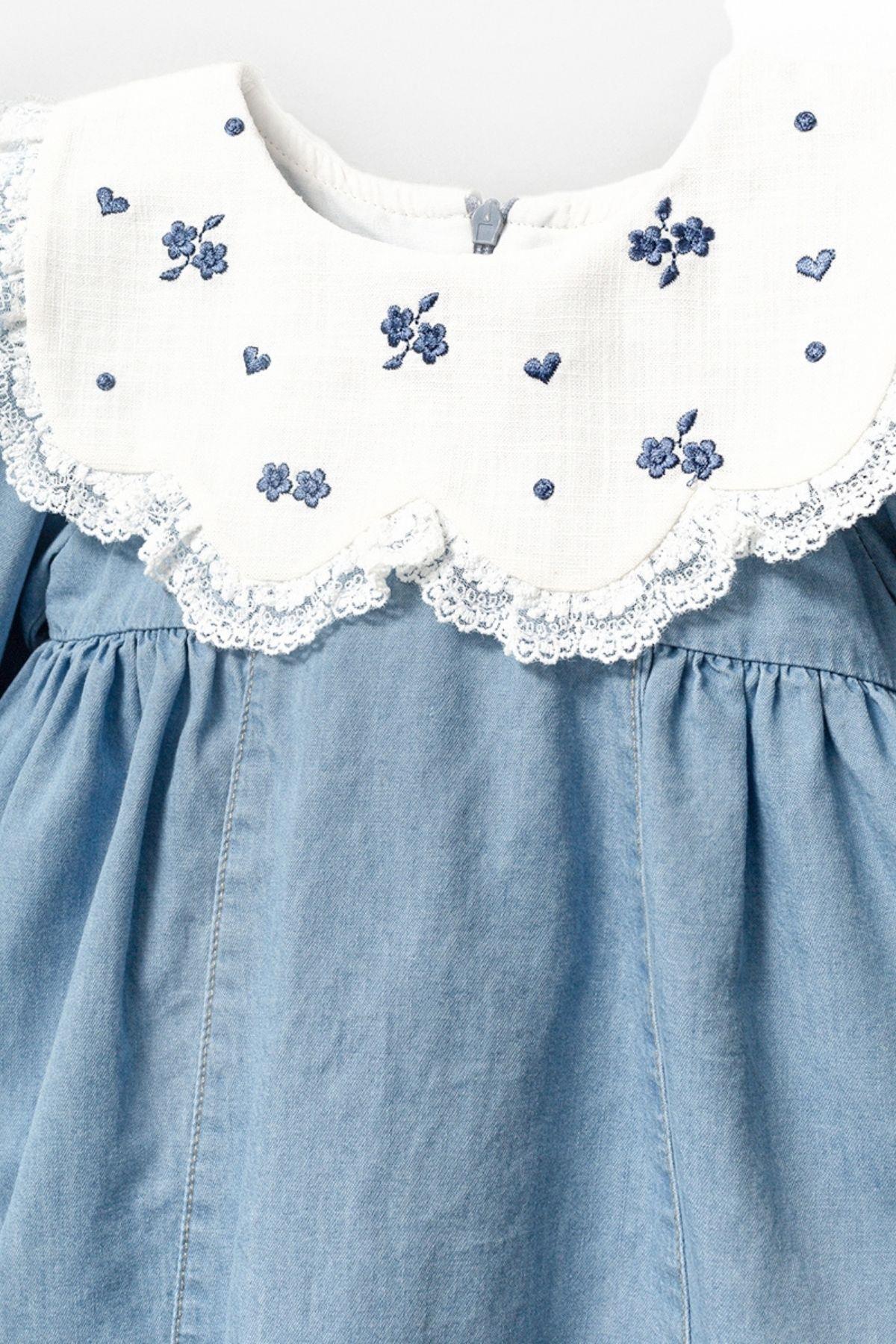 cantoy Nakış İşlemeli Dantel Yaka Detaylı Bebek Jean Elbise fotoğrafı 2 (önizleme)