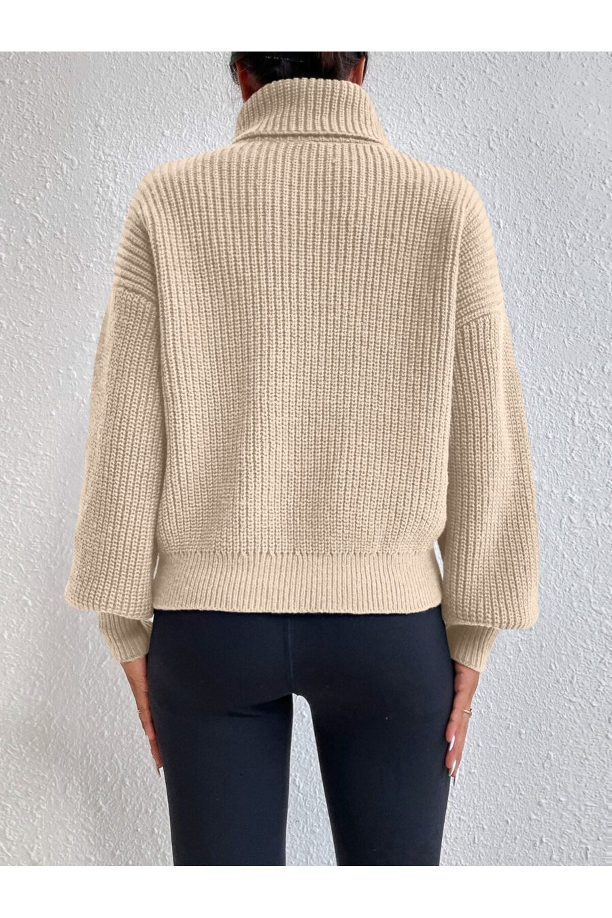 dgs look Kadın Bej Boğazlı Oversize Triko Kazak Fitilli Dökümlü Yumuşak Dokulu Pamuklu Balıkçı Yaka görsel 7