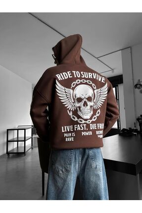 APHELIOS "Ride to Survive" Kuru Kafa Baskılı Oversize Kapüşonlu Sweatshirt