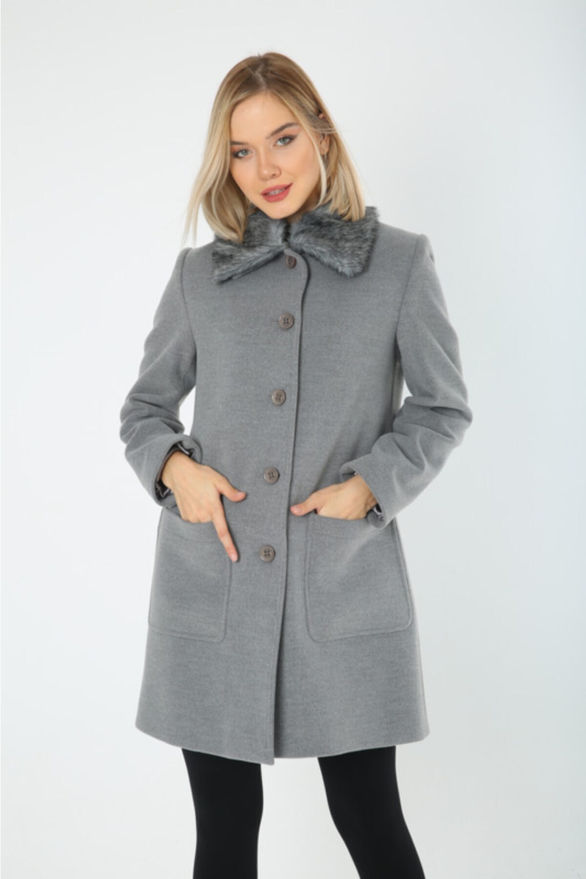 Lalezar  Kadın Gri Suni Kürklü Düğme Kapama Kaban - Görsel 3