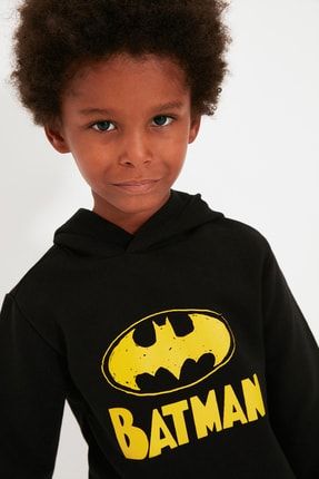 Siyah Lisanslı Batman Baskılı Erkek Çocuk Örme İnce Sweatshirt TKDAW22SW0550