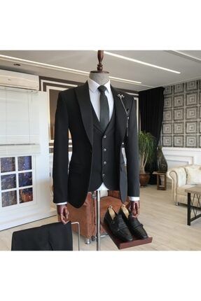 Italyan Stil Slim Ceket Yelek Pantolon Takım Elbise Siyah T6121