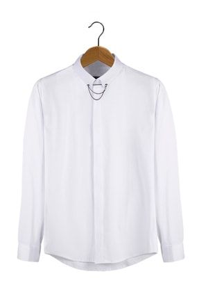 Erkek Beyaz Slim Fit Yaka Iğneli Klasik Gömlek VAVN7Y-4300105-1