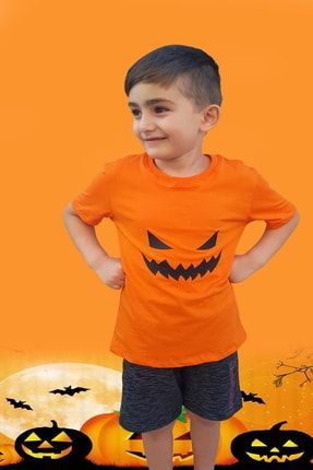 Cadılar Bayramı-halloween Balkabağı Baskılı Turuncu Unisex 5-6 Yaş Çocuk Tişört MST-19092021-1