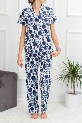 Kadın Düğmeli Çiçek Desenli Pamuklu Pijama Takımı HLS1049
