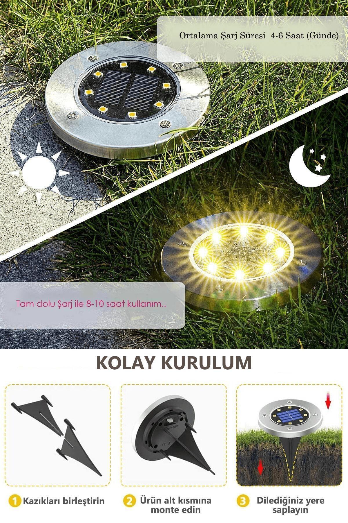 4 Adet Solar Güneş Enerjili 8 Ledli Kazıklı Çim Zemin Bahçe Aydınlatma 3 W Gün Işığı 4