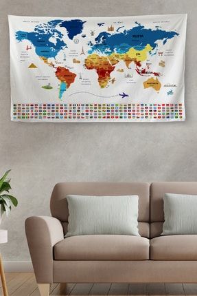 Duvar Örtüsü Bayrak Detaylı Türkçe Güncel Dünya Haritası Kanvas Duvar Halısı 4047