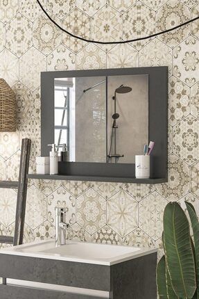 Modena 60x45cm Antrasit Raflı Ayna Dresuar Hol Koridor Salon Banyo Wc Ofis Çocuk Yatak Odası Boy MODENA-60x45CM-RAFLI-BANYO-DOLABI