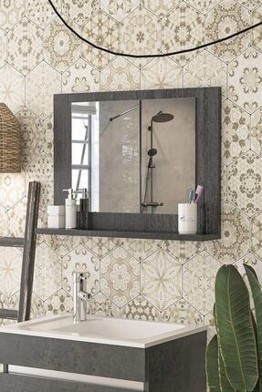 Modena 60x45cm Siyah Raflı Ayna Dresuar Hol Koridor Duvar Salon Banyo Wc Ofis Çocuk Yatak Odası Boy MODENA-60x45CM-RAFLI-BANYO-DOLABI
