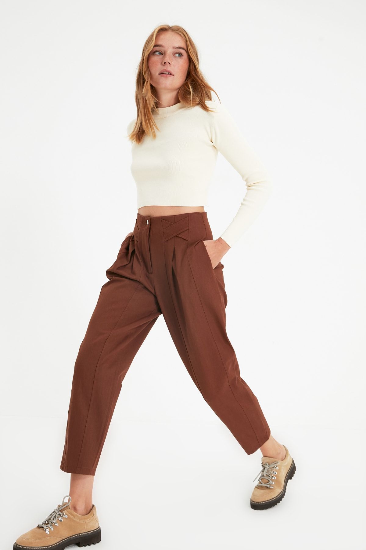 Beige Carrot-Fit Trousers with Smock Stitching